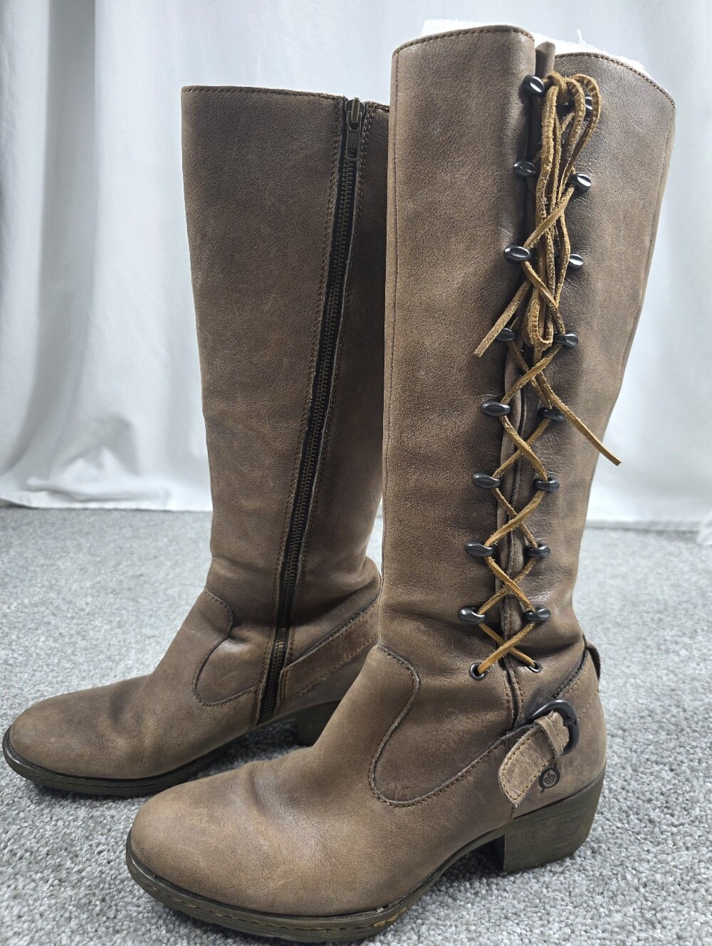 Børn Henriette Sz 10 Brown Leather Lace Up Knee High Barn Boots Distressed Boho